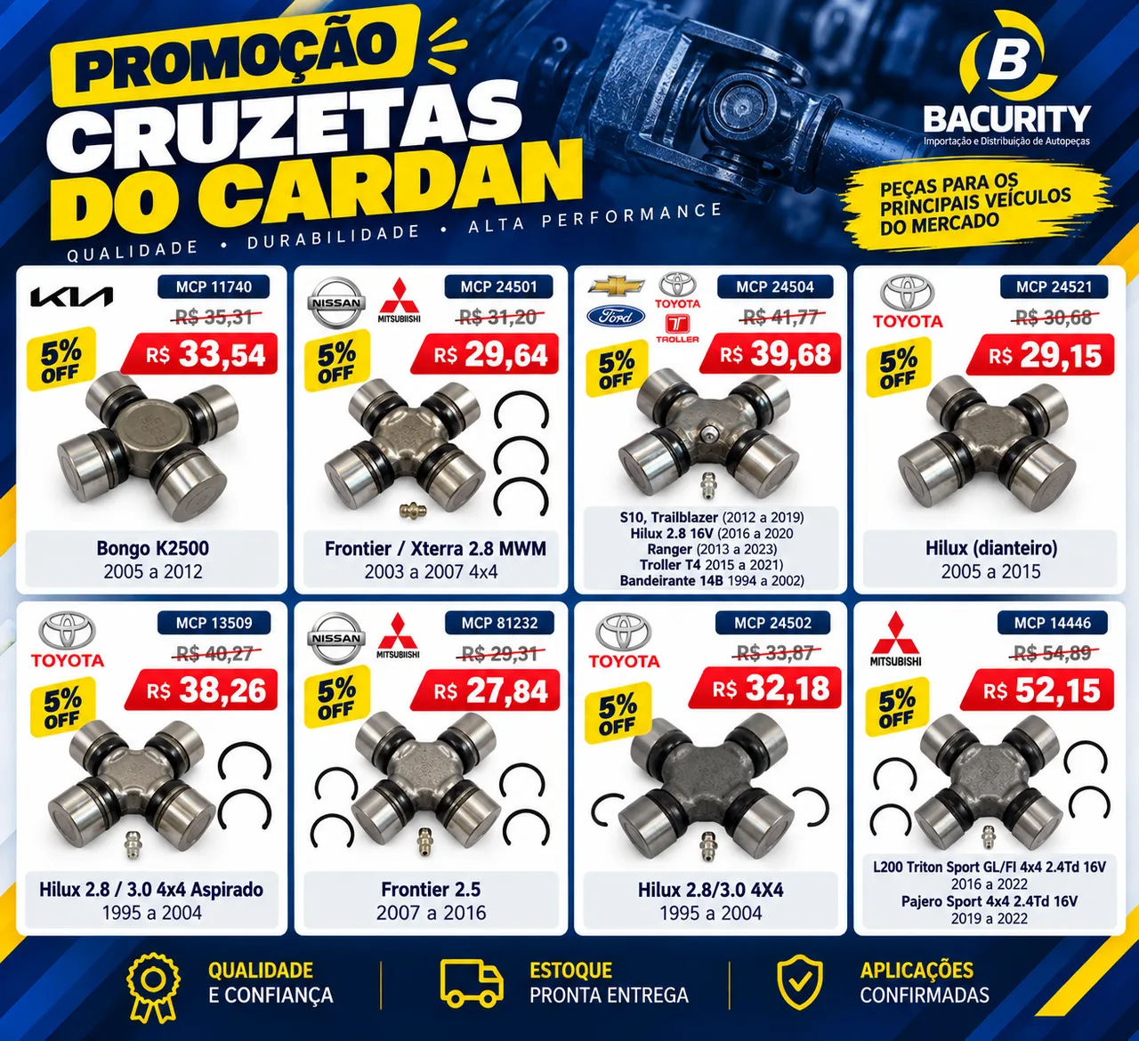 Promoção Cruzeta do Cardan Bongo, Frontier, Xterra, S10, Trailblazer, Hilux, Ranger, Troller T4, Bandeirante, L200 Triton, Pajero Sport
